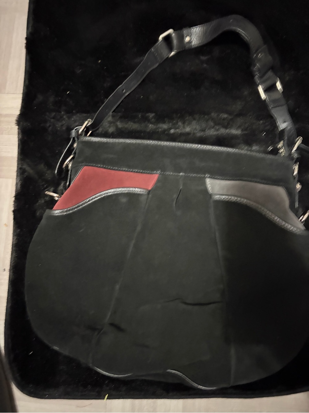 Sondra Roberts Black Suede Shoulder Bag with Red Accent - Picture 3 of 8